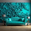 Elegant Teal Sofa And Floral Murals: A 3d Sculptural Living Room Royalty Free Stock Photo