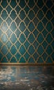 Elegant Teal Wall with Gold Intricate Pattern and Concrete Floor Royalty Free Stock Photo