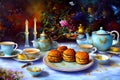 Teatime Table Set of Scone Pastry And Elegant Teacups Generative AI Royalty Free Stock Photo