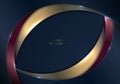 Elegant template abstract blue , gold, red metallic curved stripes with lighting on dark blue background Royalty Free Stock Photo