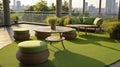 An Elegant Terrace Table Set on Artificial Grass, Complemented by Fabric Cushions and Outdoor Furniture Royalty Free Stock Photo