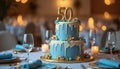 Elegant 50th Anniversary Cake with Gold Decorations in Warm Dining Setting Royalty Free Stock Photo