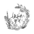 Elegant Thank you card. Thankee Hand drawn boho sketch. Gems, flowers and feathers. Vector illustration. Phrase. Quote. Sketch wre