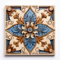 Handmade Blue And Tan Decorative Tile With Baroque Realism