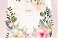 Retro delicate wedding card with pink watercolor texture and flowers