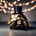 An elegant tortoise hosting a glamorous New Years Eve ball, wearing a tuxedo and top hat1