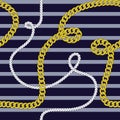 Elegant trendy modern vector seamless pattern with beautiful fashion golden chains and marine rope on a navy blue background. For