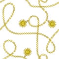Elegant trendy modern vector seamless pattern with beautiful fashion golden chains and sun on a white background. For textile, Royalty Free Stock Photo