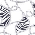 Elegant trendy modern vector seamless pattern with beautiful fashion marine rope and zebra texture on white background