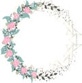 Elegant trendy roses wreath with silver triangles. Floral design for elegant composition. Round form frame