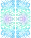 Elegant tribal intricate ornament, blue cyan turquoise gradient color outline, isolated white background.