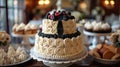 Elegant Two-Tiered Wedding Cake with Black and Raspberry Decoration