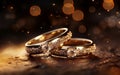 Elegant Union Twin Golden Wedding Rings on a Rich Brown Background, AI