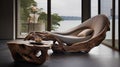 Elegant unique lounge chair and rustic wooden log coffee table