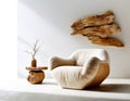 Elegant unique lounge chair and rustic wooden log coffee table a