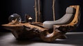 Elegant unique lounge chair and rustic wooden log coffee table