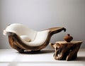 Elegant Unique Lounge Chair with Rustic Wooden Log Coffee Table. Generative ai