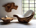 Elegant Unique Lounge Chair with Rustic Wooden Log Coffee Table. Generative ai