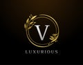 Elegant V Letter Floral Design. Circle Luxury V Gold Logo Icon Royalty Free Stock Photo