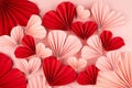 Elegant Valentine day background with mix of many sweet pink and red origami paper hearts on soft light pastel pink color, hearts. Royalty Free Stock Photo