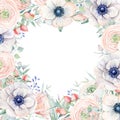 Elegant Valentines day heart frame of watercolor flowers Royalty Free Stock Photo