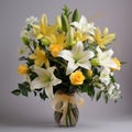 Elegant Vase Of White And Yellow Lilies And Roses - A Captivating Floral Arrangement Royalty Free Stock Photo
