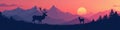 Elegant vector deer silhouettes against dramatic mountain backdrop, woods, forest Royalty Free Stock Photo
