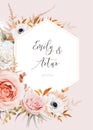 Elegant vector wedding invite, invitation save the date card design. Bouquet of blush peach, pink rose flowers, white anemone, Royalty Free Stock Photo