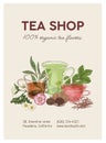 Elegant vertical flyer or poster template with cups of delicious tea, flowers, leaves and place for text. Realistic