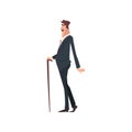 Elegant Victorian Gentleman Character in Black Suit Walking with Cane, Side View Vector Illustration