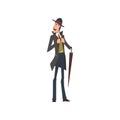 Elegant Victorian Gentleman Character Walking with Umbrella Vector Illustration