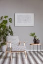 Elegant vintage armchair in grey living room interior with painting on the wall