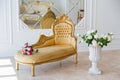 Elegant vintage armchair in a spacious room with wall decorated ornaments and mirror. colorful flowers in vase standing on the Royalty Free Stock Photo