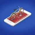 Elegant vintage bicycle on touchscreen of smartphone with road, digital fitness sports bike rental app metaphor. render isolated