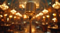 Elegant vintage microphone in a beautiful, warm-lit venue, ready for performance Royalty Free Stock Photo