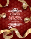 Elegant vintage ribbon cutting ceremony card with silk textured curled gold ribbons and leather background