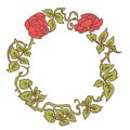 Elegant vintage round frame with roses and leaves elements. Vector decorative border