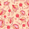 Elegant and vintage seamless pattern print with opium poppies. Repeat background with pink flowers and weeds.