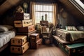 elegant vintage suitcases stacked in a cozy attic