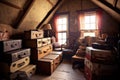 elegant vintage suitcases stacked in a cozy attic