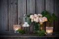 Elegant vintage wedding table decoration with roses and candles Royalty Free Stock Photo