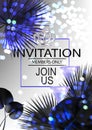 Elegant vip invitation banner with glasses and bottles of champagne and palme tree leaves. Royalty Free Stock Photo