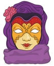 Elegant female Volto mask decorated with flower and wearing purple fabrics, Vector illustration