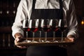 Elegant Waiter hands wine tray. Generate Ai