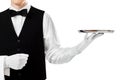 Elegant waiter holding empty silver tray Royalty Free Stock Photo