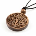 Elegant Walnut Celtic Tree of Life and Death Symbol Pendant on White Background, Generative AI