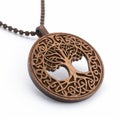 Elegant Walnut Celtic Tree of Life and Death Symbol Pendant on White Background, Generative AI