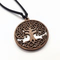 Elegant Walnut Celtic Tree of Life and Death Symbol Pendant on White Background, Generative AI