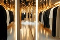 Elegant wardrobe interior with soft lighting and modern clothing display Royalty Free Stock Photo