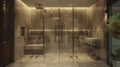 Elegant washroom, walk-in rainfall shower, no-frame glass, marble, and LED recess lighting